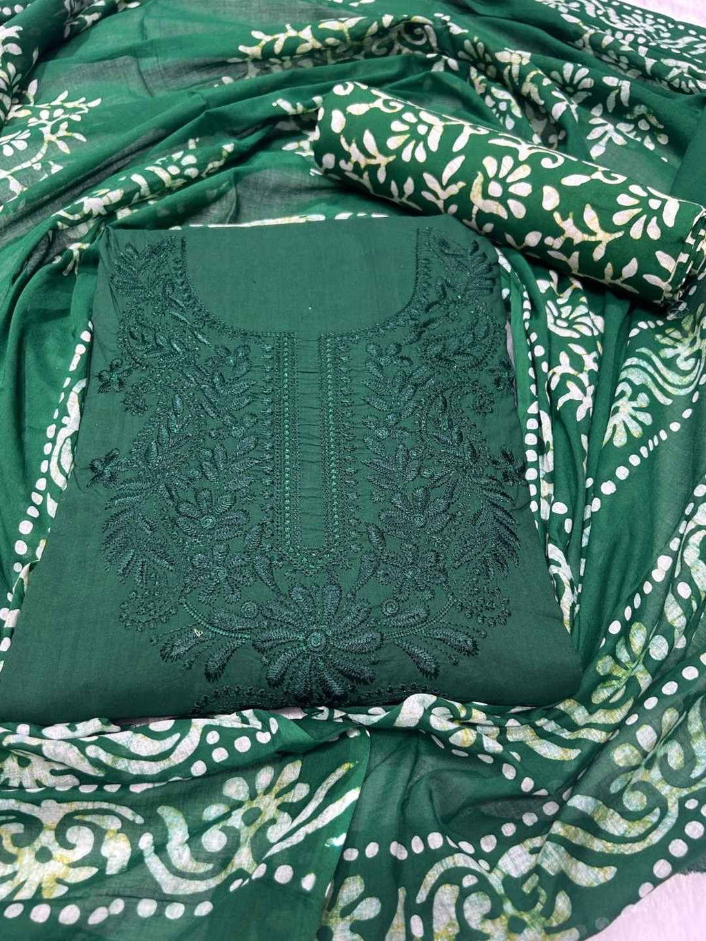 Bombay Batik Pure Cotton Lucknowi Dress Material Batik Handwork – Green Colour (FD-DM-LK-GN-LTPTI)
