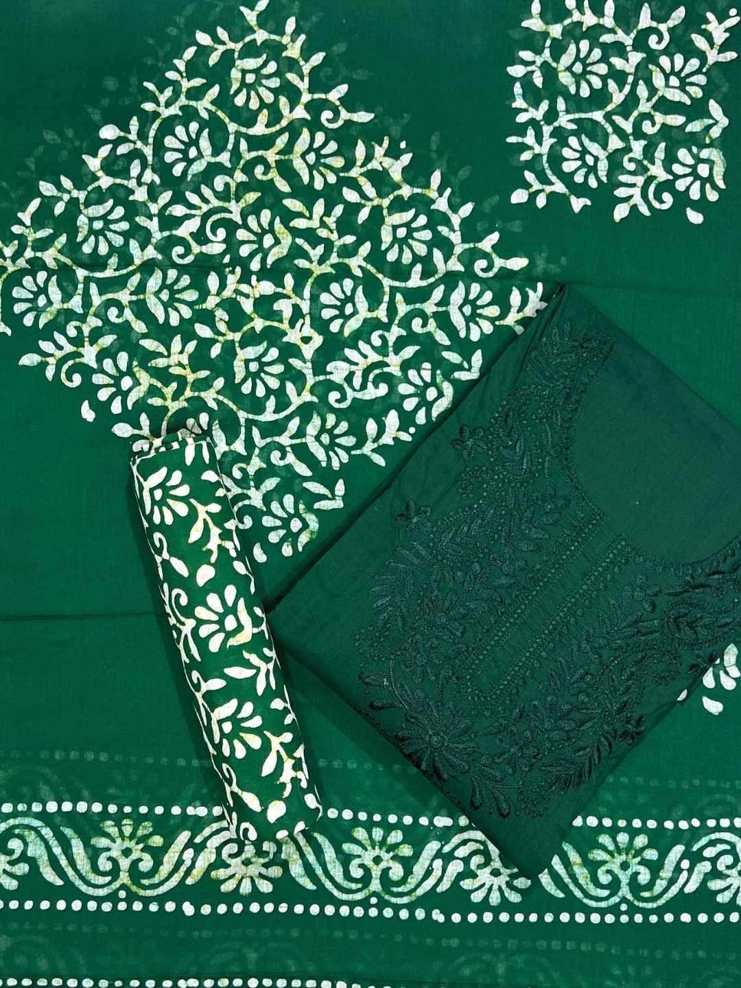 Bombay Batik Pure Cotton Lucknowi Dress Material Batik Handwork – Green Colour (FD-DM-LK-GN-LTPTI)