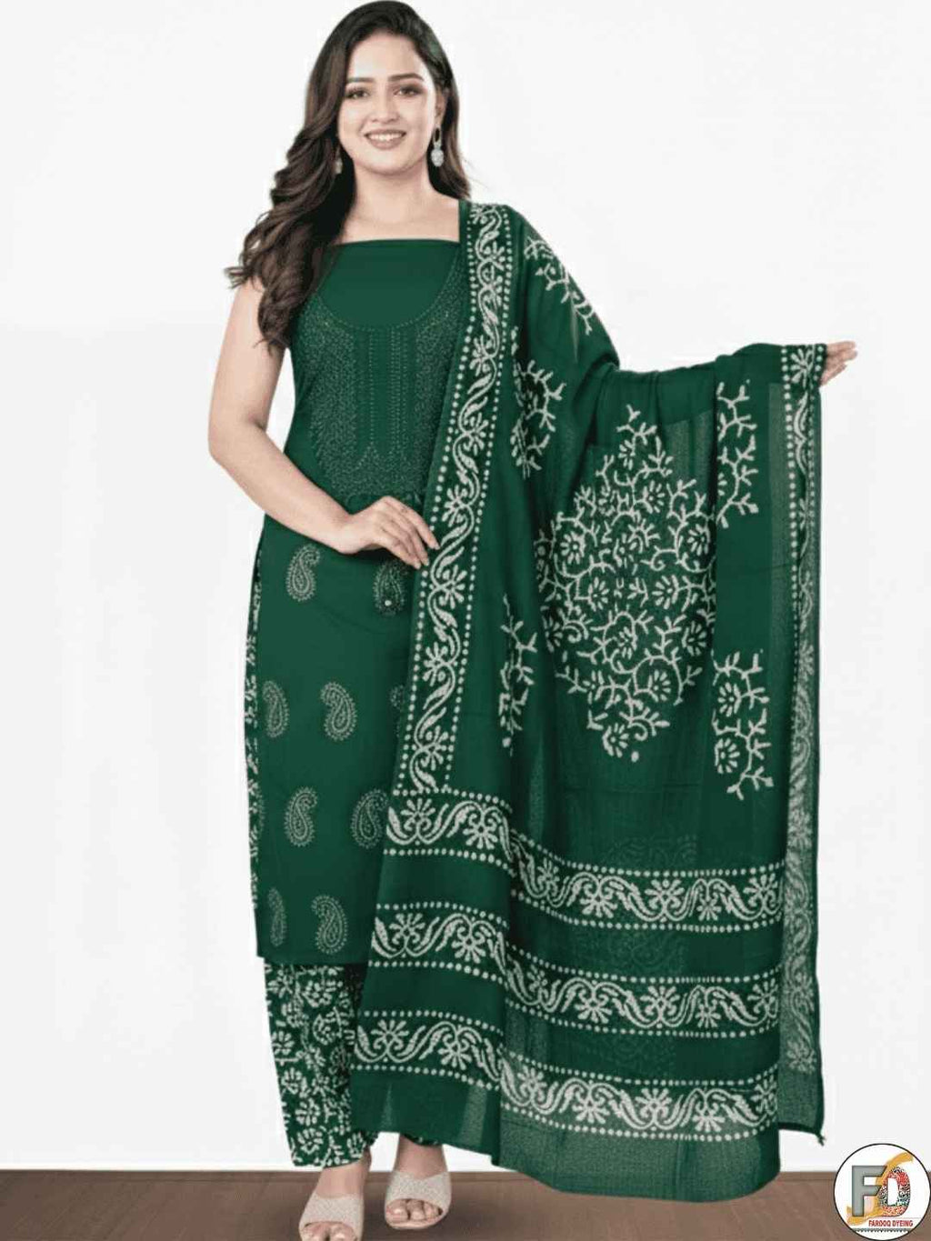 Bombay Batik Pure Cotton Lucknowi Dress Material Batik Handwork – Green Colour (FD-DM-LK-GN-LTPTI)