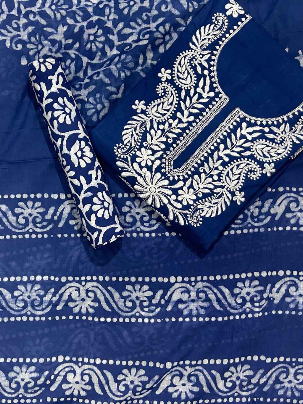 Bombay Batik Pure Cotton Lucknowi Dress Material Batik Handwork – Indigo White Colour (FD-DM-LK-IDWHT-LTPTI)