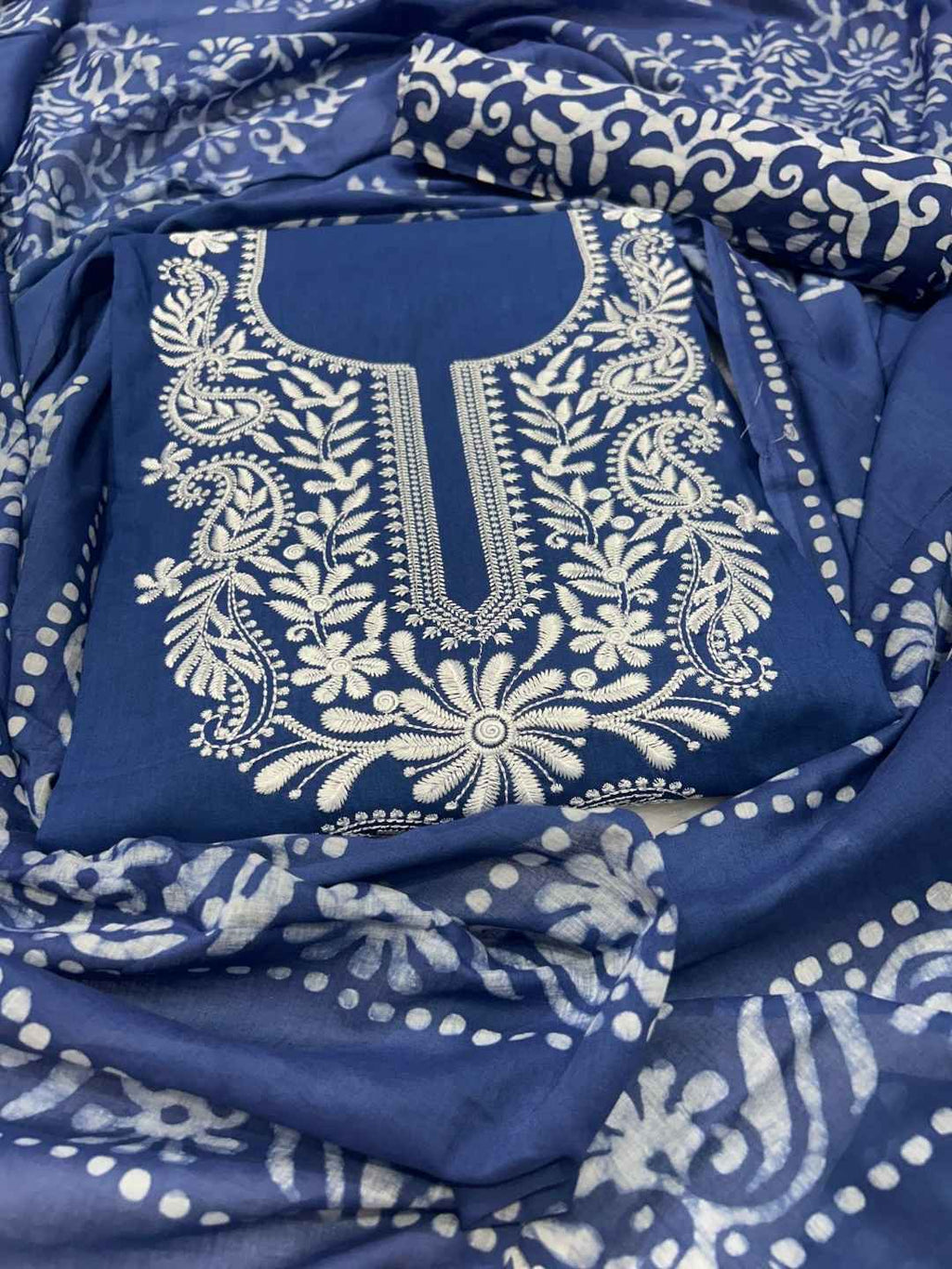 Bombay Batik Pure Cotton Lucknowi Dress Material Batik Handwork – Indigo White Colour (FD-DM-LK-IDWHT-LTPTI)