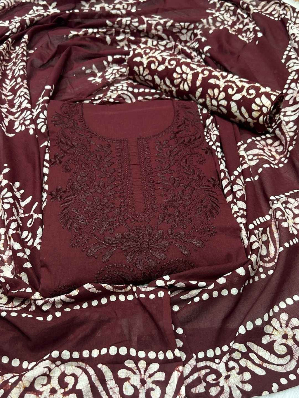 Bombay Batik Pure Cotton Dress Material Fusion Batik Printing with Lucknowi Work – Maroon Batik
