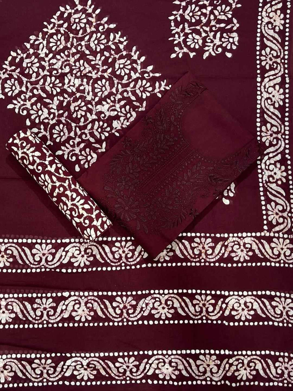 Bombay Batik Pure Cotton Dress Material Fusion Batik Printing with Lucknowi Work – Maroon Batik