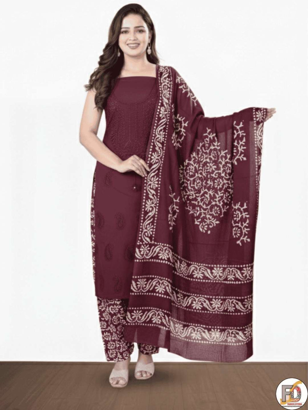 Bombay Batik Pure Cotton Dress Material Fusion Batik Printing with Lucknowi Work – Maroon Batik