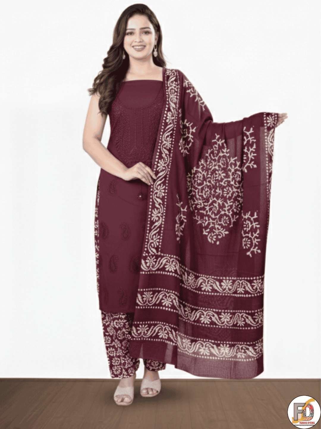 Bombay Batik Pure Cotton Dress Material Fusion Batik Printing with Lucknowi Work – Maroon Batik