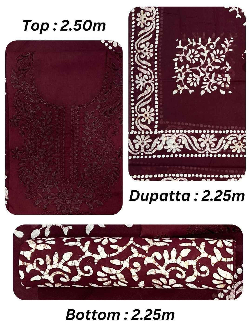 Bombay Batik Pure Cotton Dress Material Fusion Batik Printing with Lucknowi Work – Maroon Batik
