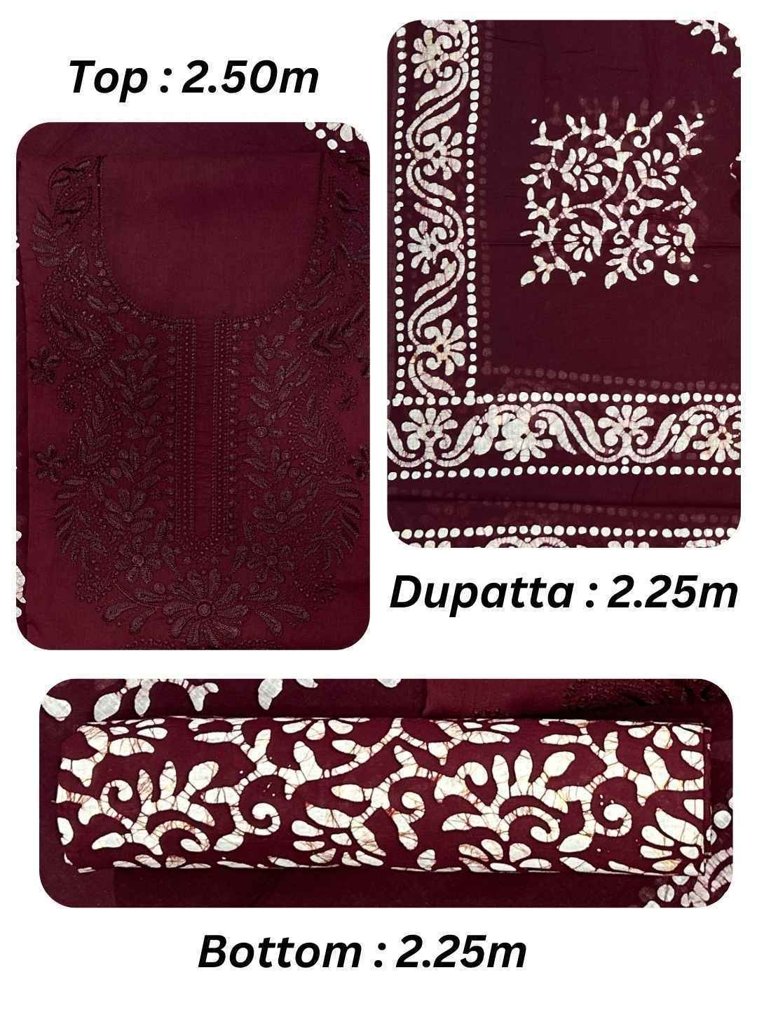 Bombay Batik Pure Cotton Dress Material Fusion Batik Printing with Lucknowi Work – Maroon Batik