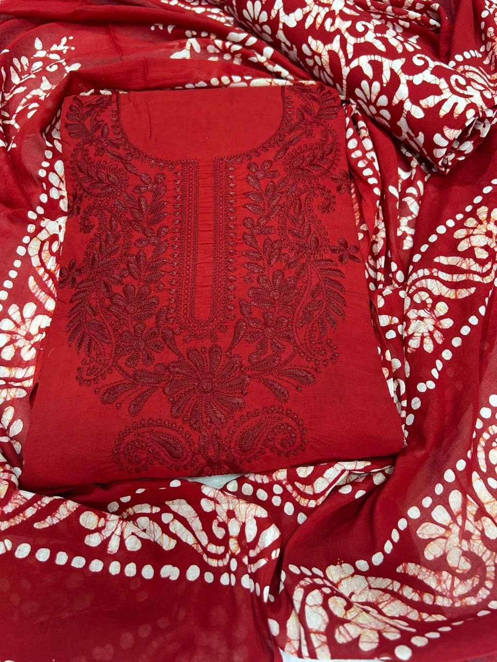 Bombay Batik Pure Cotton Dress Material Heritage Batik-Lucknowi Craft Fusion – Red   Batik