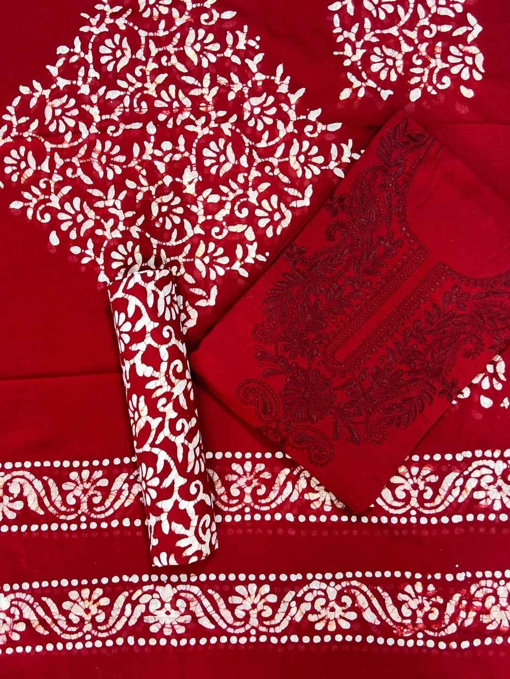 Bombay Batik Pure Cotton Dress Material Heritage Batik-Lucknowi Craft Fusion – Red   Batik
