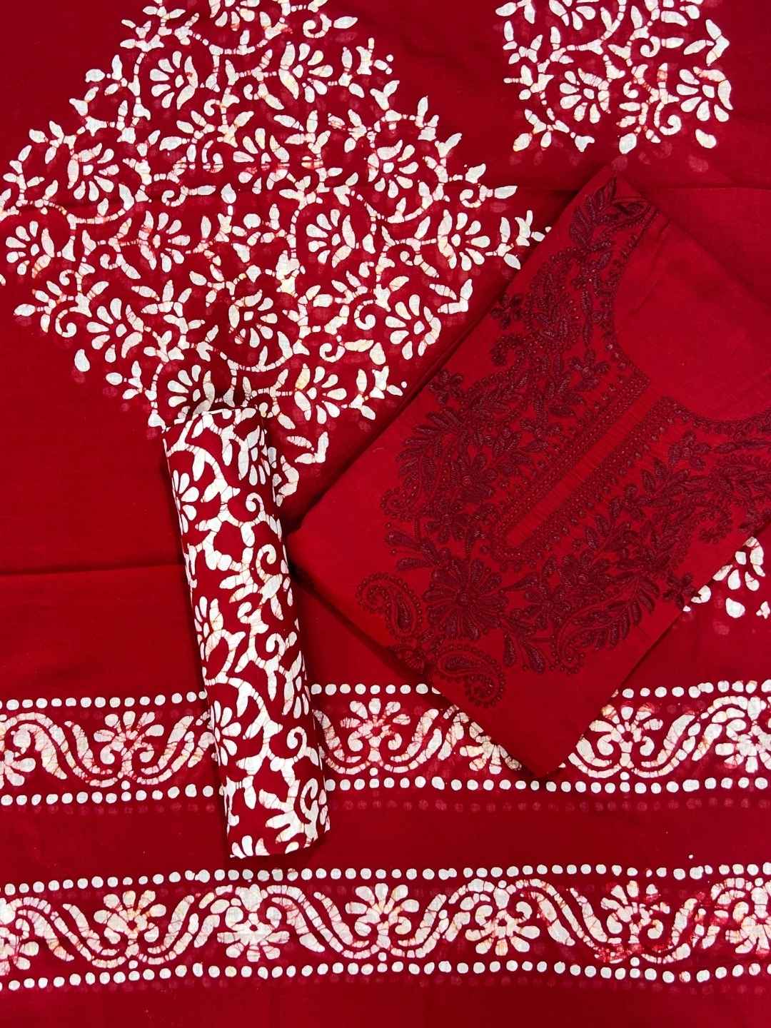 Bombay Batik Pure Cotton Dress Material Heritage Batik-Lucknowi Craft Fusion – Red   Batik