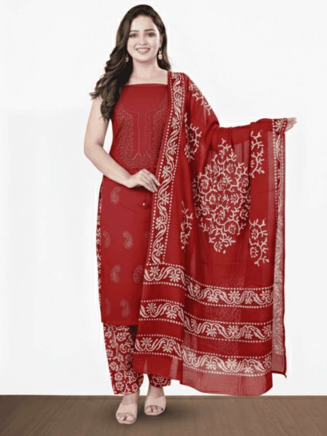 Bombay Batik Pure Cotton Dress Material Heritage Batik-Lucknowi Craft Fusion – Red   Batik