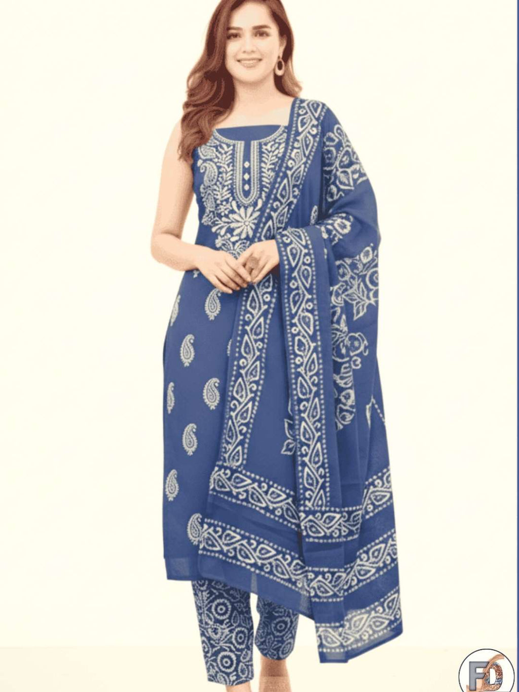 Bombay Batik Pure Cotton Lucknowi Dress Material Batik Handwork – Indigo White Colour (FD-DM-LK-IDWHT-PHLPTI)