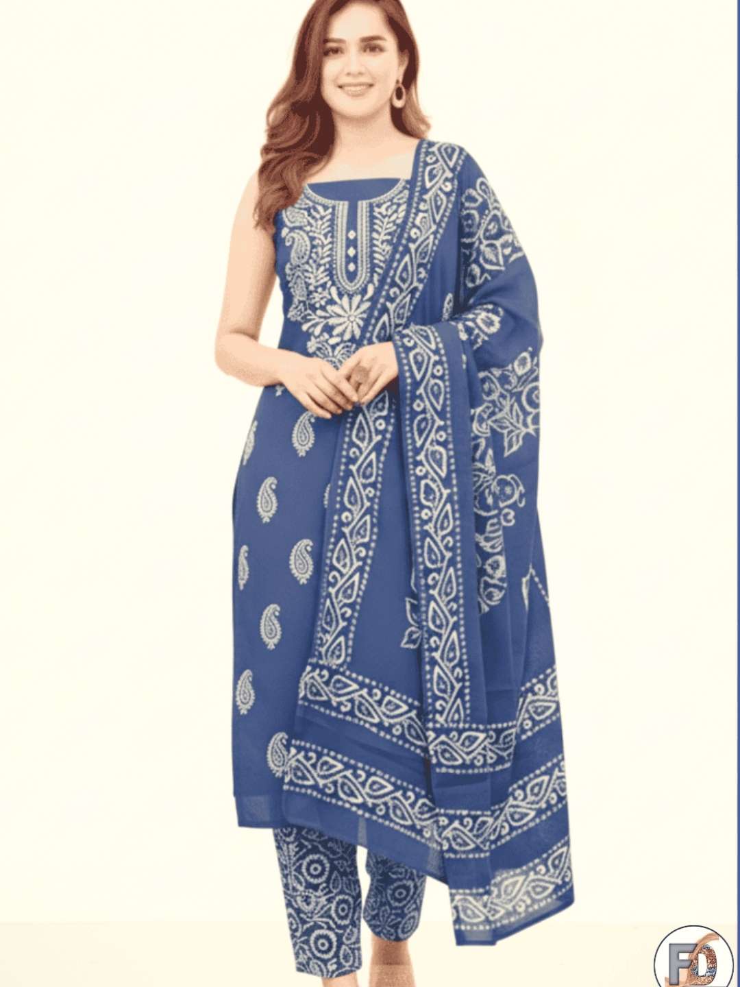 Bombay Batik Pure Cotton Lucknowi Dress Material Batik Handwork – Indigo White Colour (FD-DM-LK-IDWHT-PHLPTI)