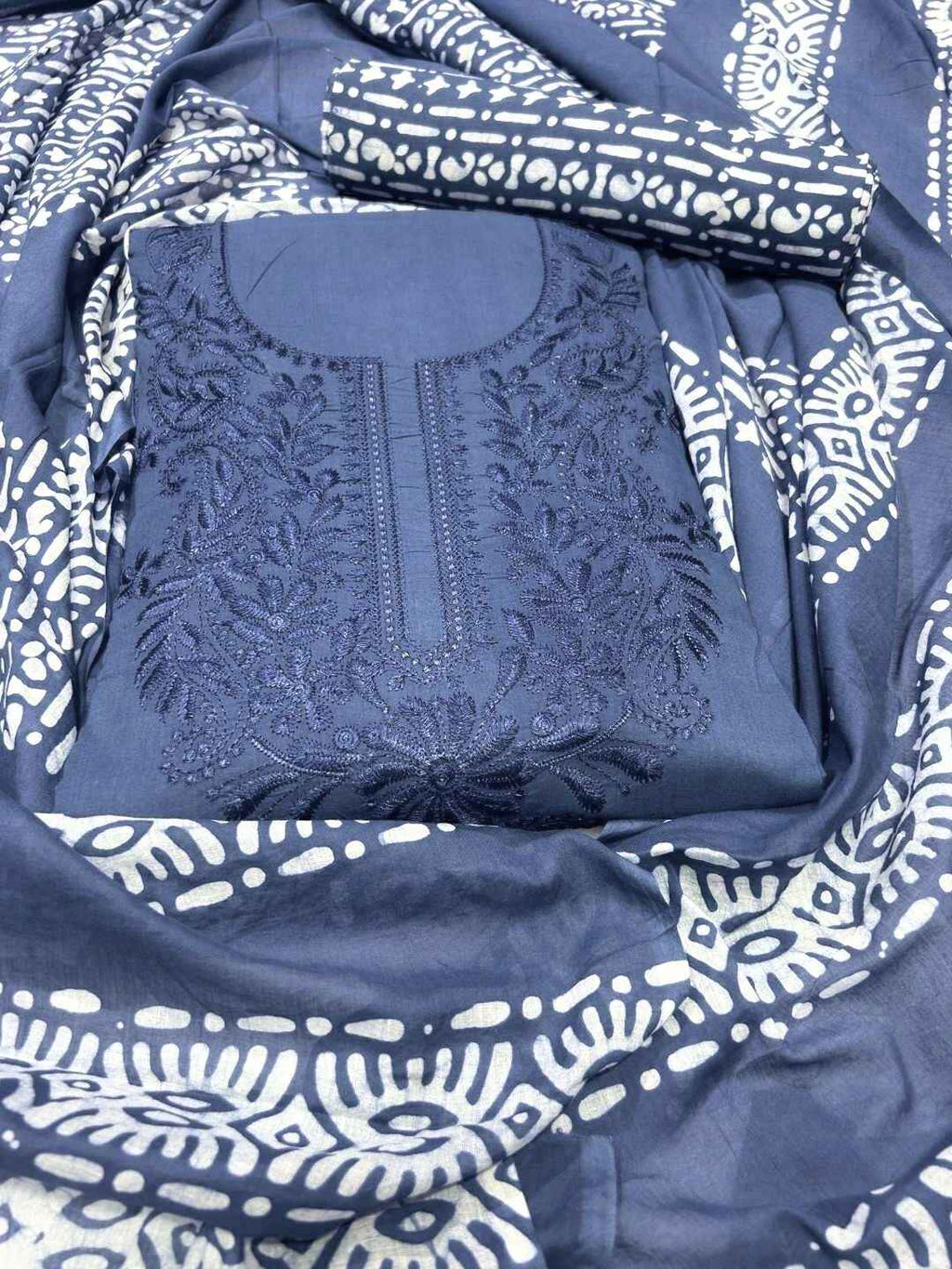 Bombay Batik Pure Cotton Lucknowi Dress Material Batik Handwork – Grey Colour (FD-DM-LK-GY-KJ)