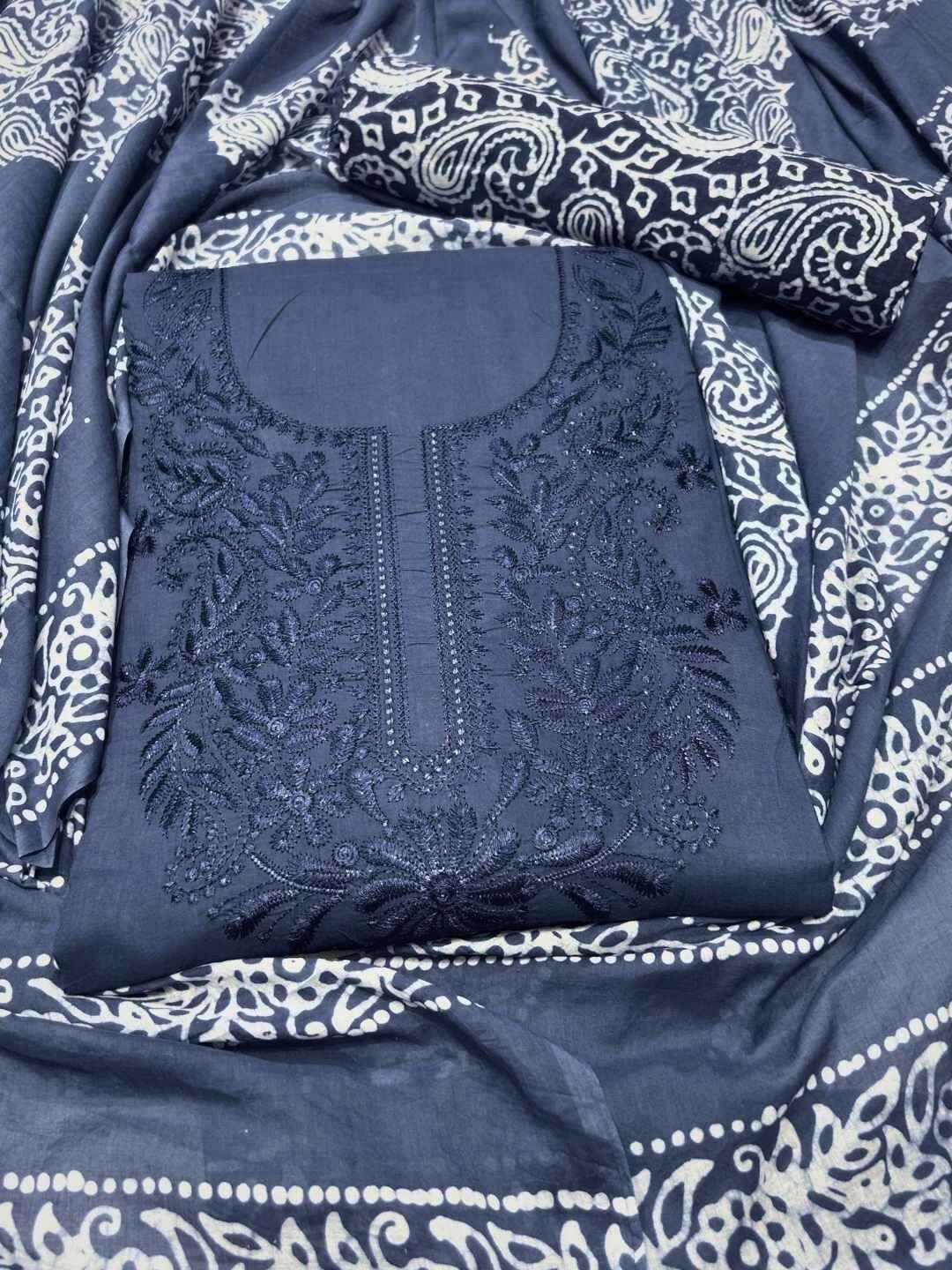 Bombay Batik Women's Pure Cotton Hand Dyed Lucknowi Batik Dress Material with Cotton Dupatta (Grey) | Dress Material for Women