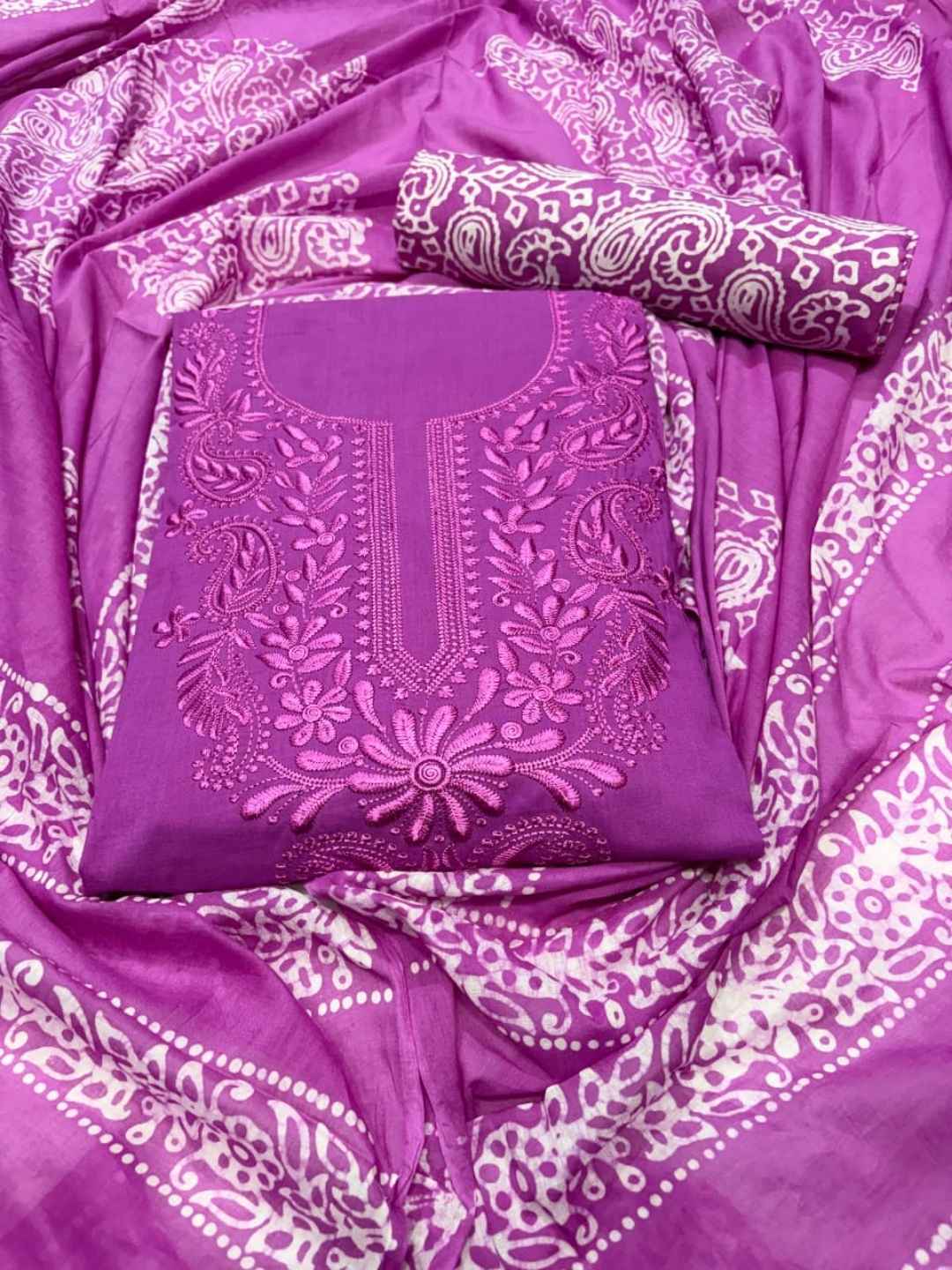 Bombay Batik Women's Pure Cotton Hand Dyed Lucknowi Batik Dress Material with Cotton Dupatta (Magenta) | Dress Material for Women