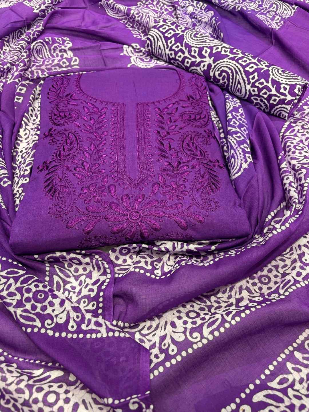 Bombay Batik Women's Pure Cotton Hand Dyed Lucknowi Batik Dress Material with Cotton Dupatta (Lavender ) | Dress Material for Women