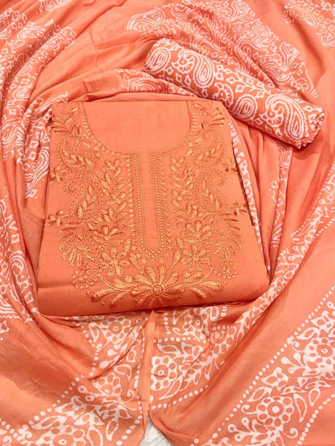 Bombay Batik Women's Pure Cotton Hand Dyed Lucknowi Batik Dress Material with Cotton Dupatta (Peach) | Dress Material for Women