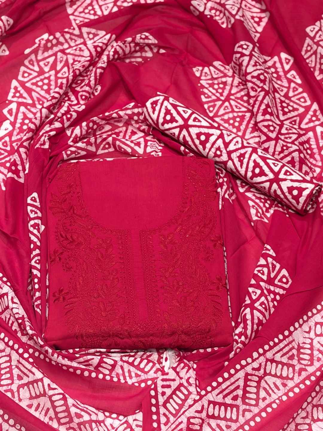Bombay Batik Women's Pure Cotton Hand Dyed Lucknowi Batik Dress Material with Cotton Dupatta (Pink) | Dress Material for Women