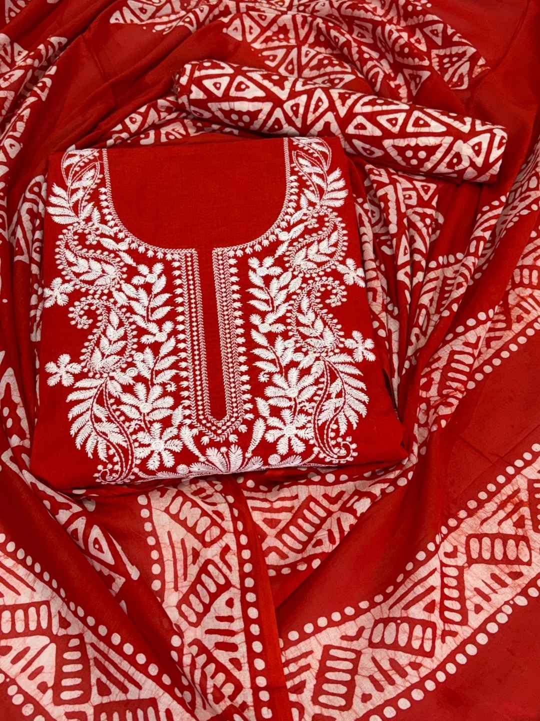 Bombay Batik Women's Pure Cotton Hand Dyed Lucknowi Batik Dress Material with Cotton Dupatta (Orange White ) | Dress Material for Women