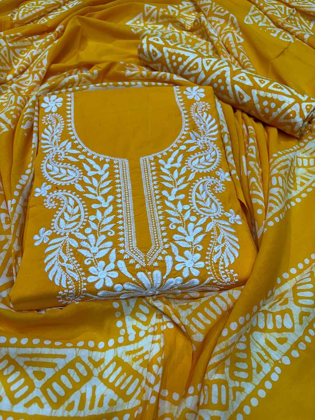 Bombay Batik Women's Pure Cotton Hand Dyed Lucknowi Batik Dress Material with Cotton Dupatta (Yellow White) | Dress Material for Women