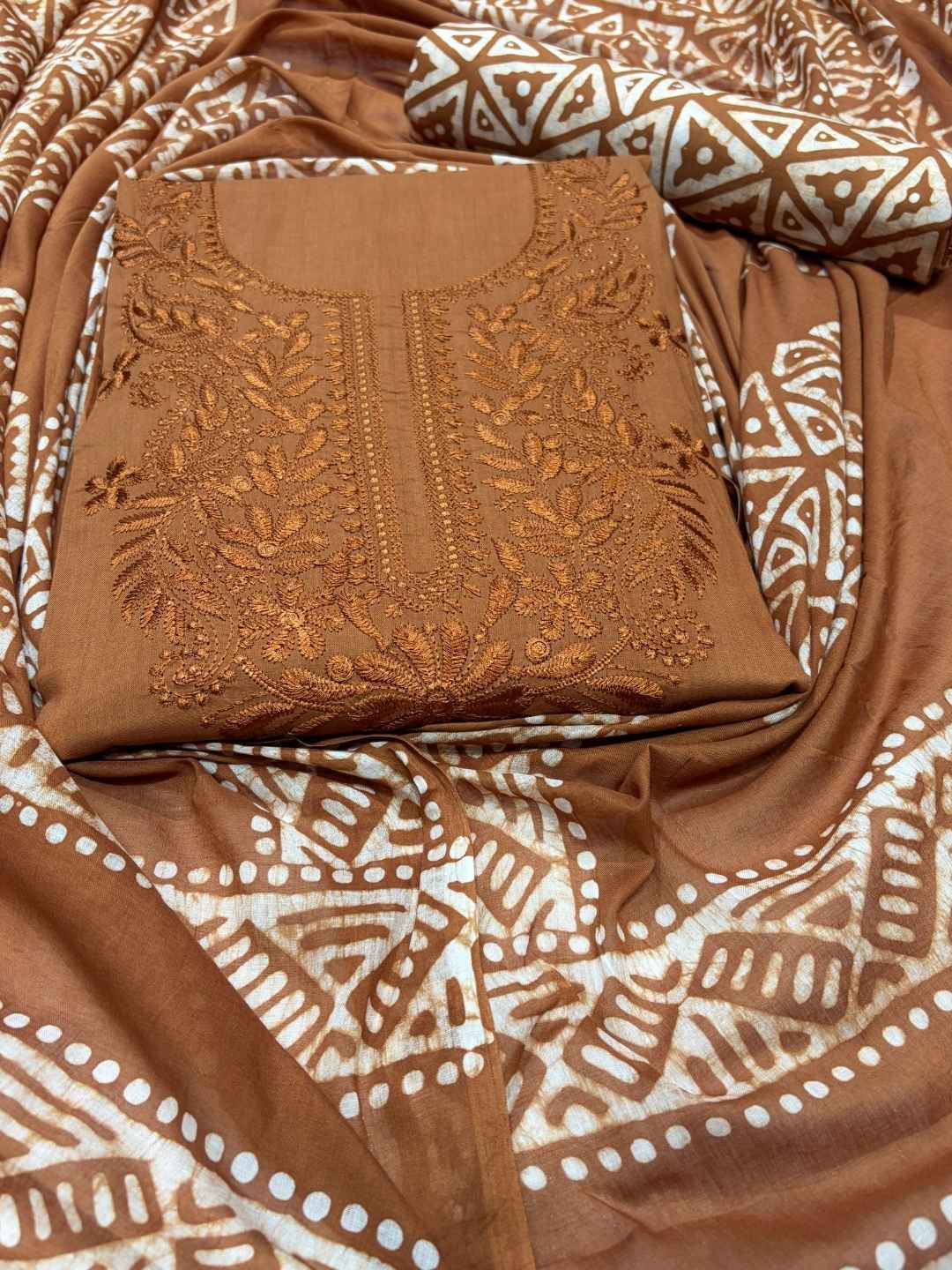 Bombay Batik Women's Pure Cotton Hand Dyed Lucknowi Batik Dress Material with Cotton Dupatta (Brown) | Dress Material for Women