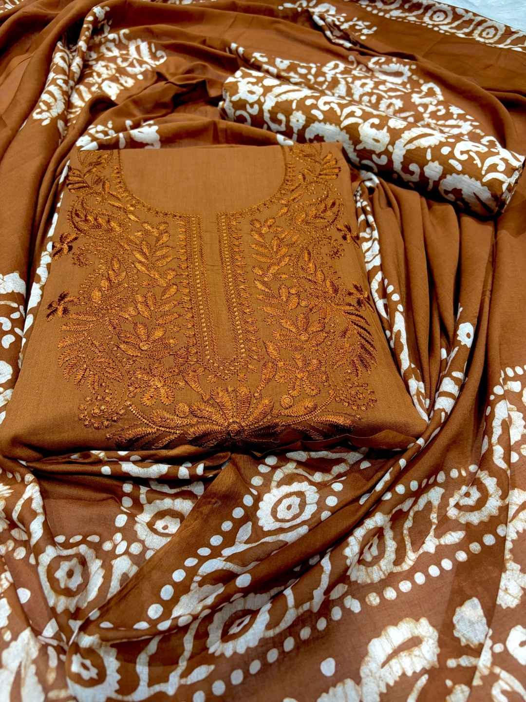 Bombay Batik Women's Pure Cotton Hand Dyed Lucknowi Batik Dress Material with Cotton Dupatta (Brown) | Dress Material for Women