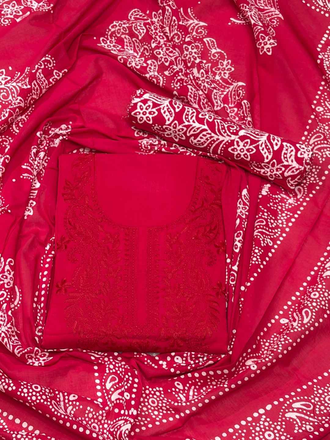 Bombay Batik Women's Pure Cotton Hand Dyed Lucknowi Batik Dress Material with Cotton Dupatta (Pink) | Dress Material for Women