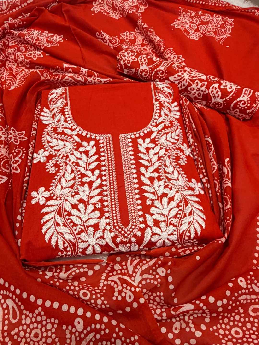 Bombay Batik Women's Pure Cotton Hand Dyed Lucknowi Batik Dress Material with Cotton Dupatta (Orange White ) | Dress Material for Women