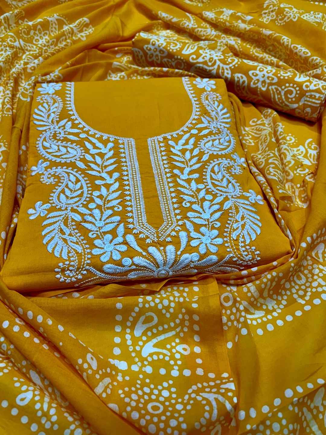 Bombay Batik Women's Pure Cotton Hand Dyed Lucknowi Batik Dress Material with Cotton Dupatta (Yellow White) | Dress Material for Women