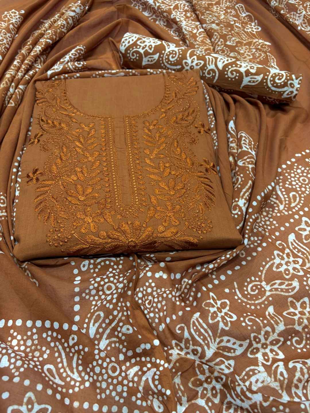 Bombay Batik Women's Pure Cotton Hand Dyed Lucknowi Batik Dress Material with Cotton Dupatta (Brown) | Dress Material for Women
