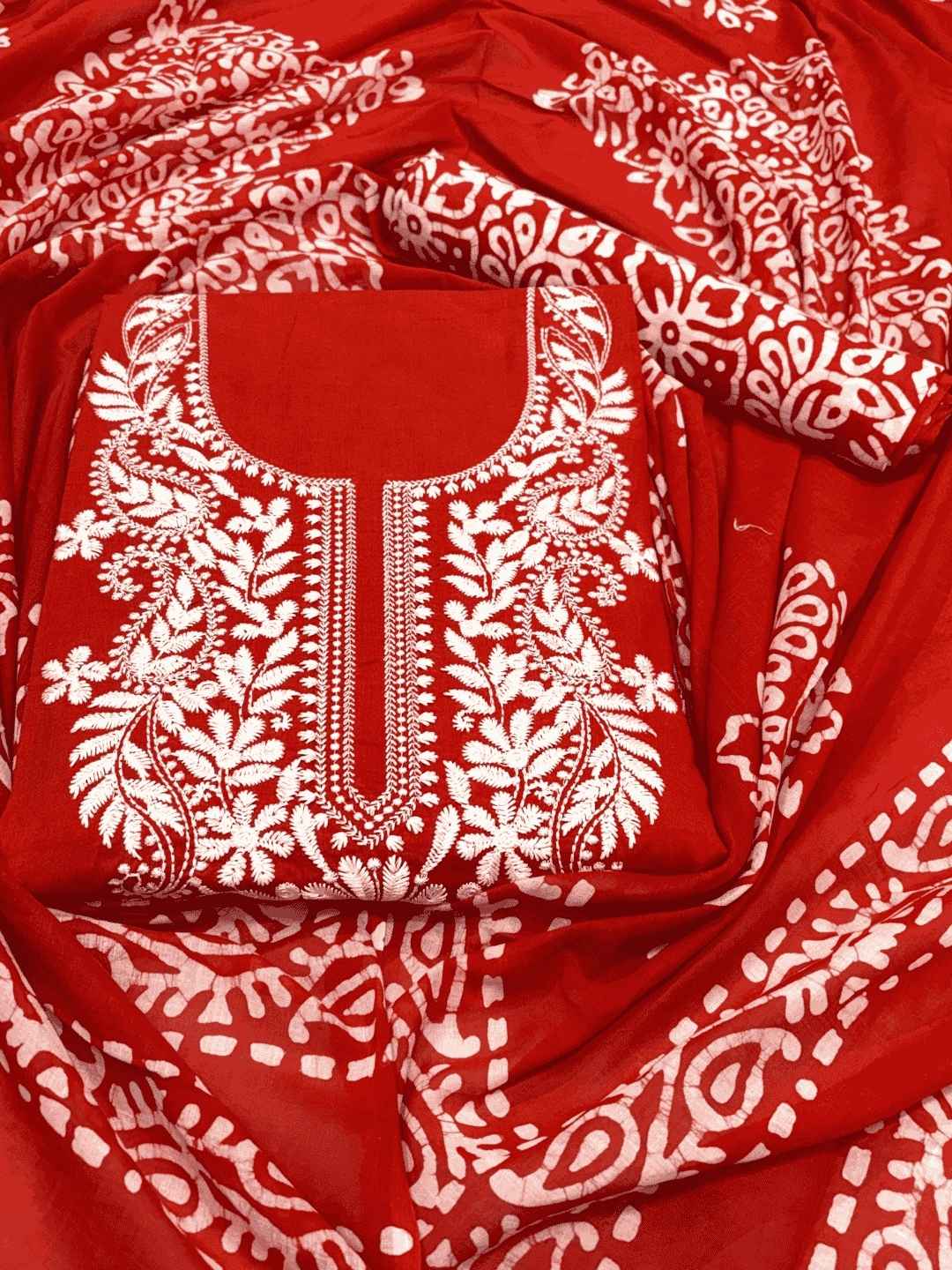 Bombay Batik Women's Pure Cotton Hand Dyed Lucknowi Batik Dress Material with Cotton Dupatta (Orange White ) | Dress Material for Women