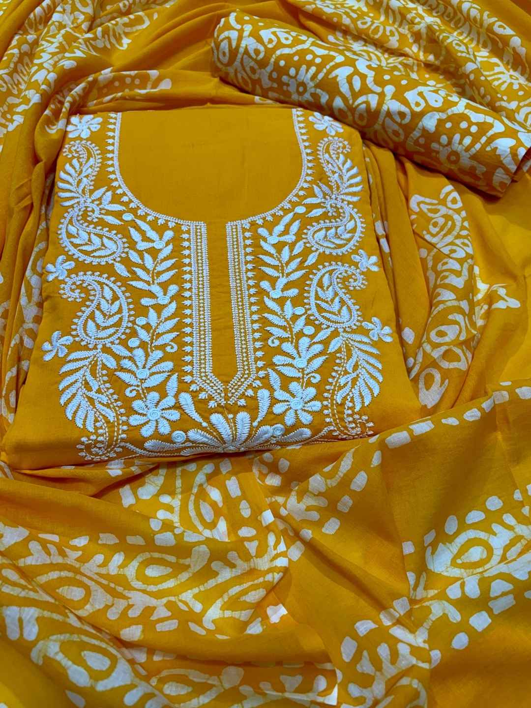 Bombay Batik Women's Pure Cotton Hand Dyed Lucknowi Batik Dress Material with Cotton Dupatta (Yellow White) | Dress Material for Women