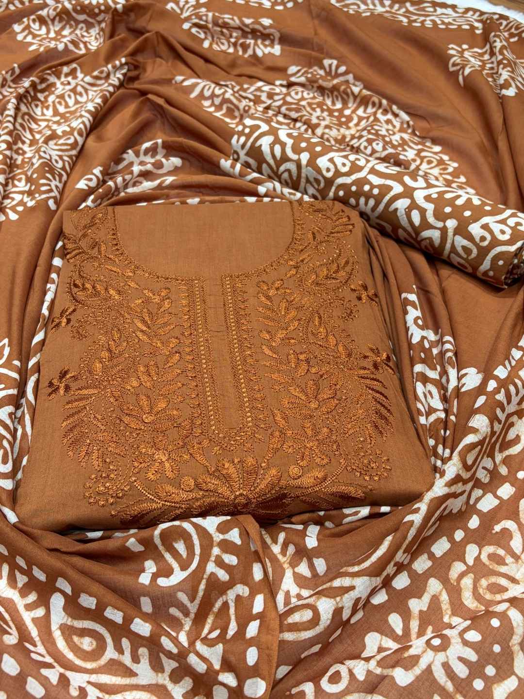 Bombay Batik Women's Pure Cotton Hand Dyed Lucknowi Batik Dress Material with Cotton Dupatta (Brown) | Dress Material for Women