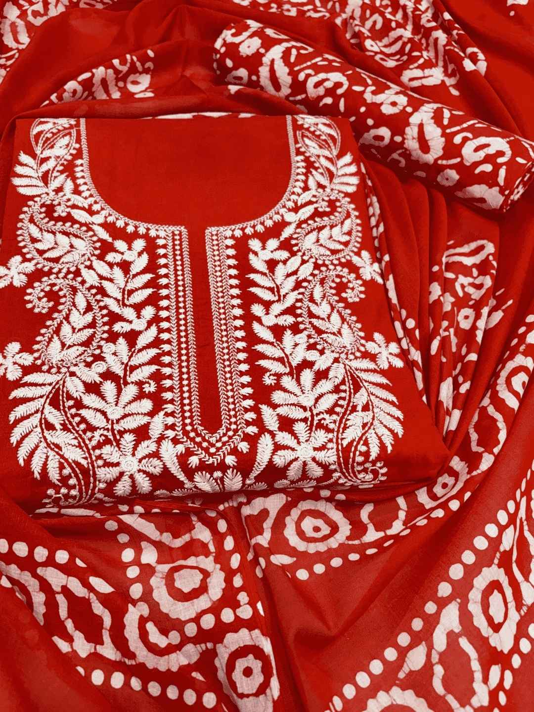 Bombay Batik Women's Pure Cotton Hand Dyed Lucknowi Batik Dress Material with Cotton Dupatta (Orange White ) | Dress Material for Women
