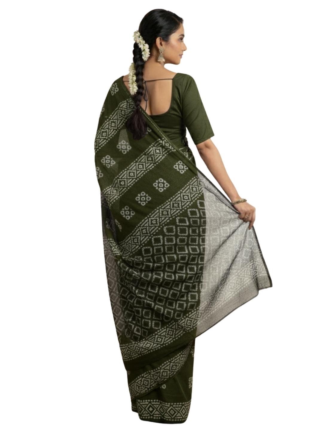 Bombay Batik Pure Cotton Saree Batik Handwork – Mehndi Colour