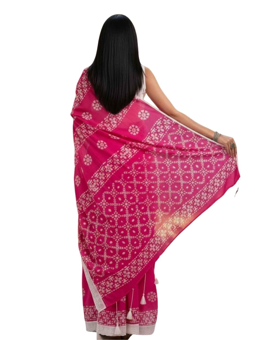 Bombay Batik Pure Cotton Saree Batik Handwork – Pink Colour