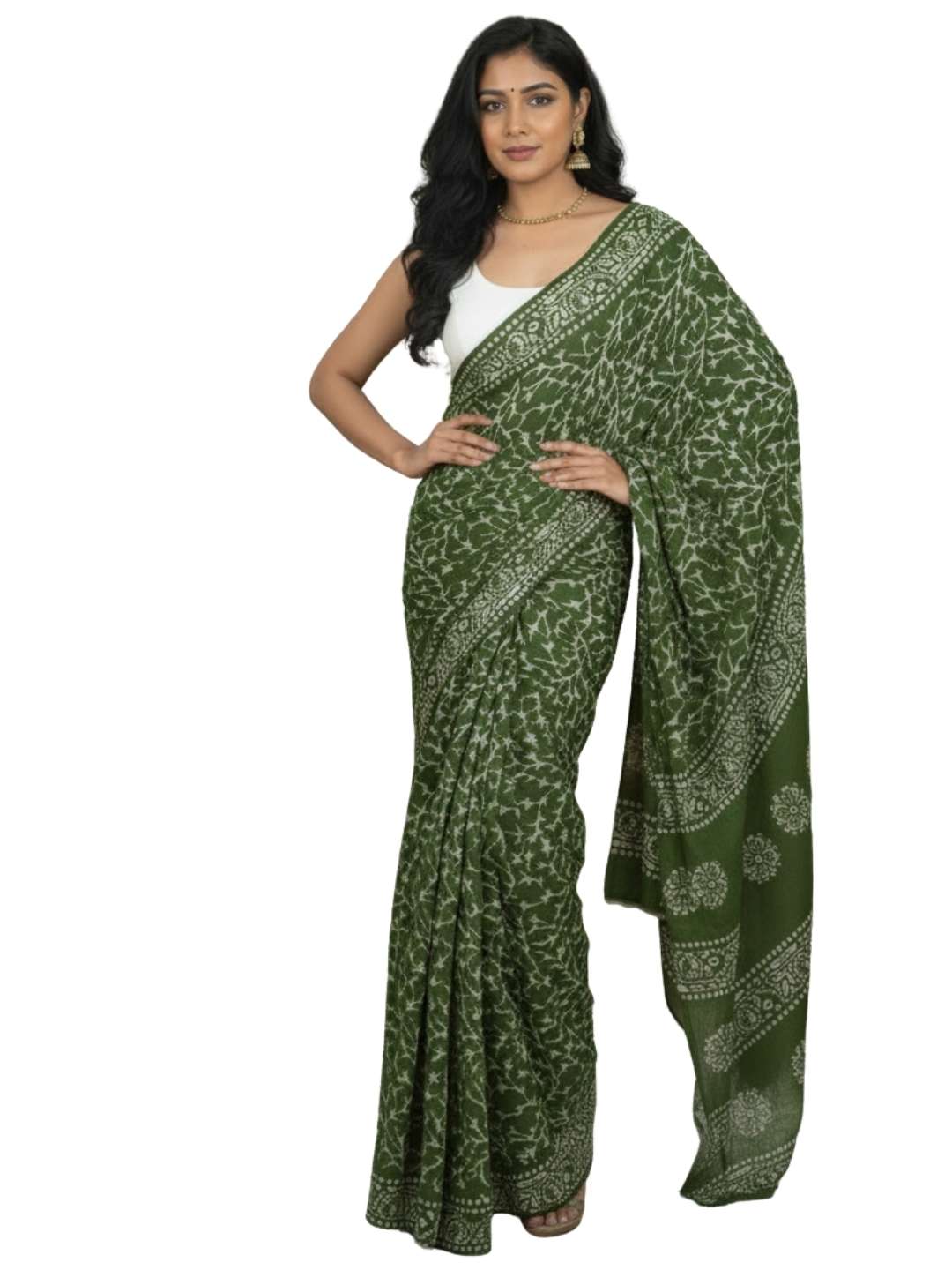 Bombay Batik Pure Cotton Saree Batik Handwork – Mehndi Colour