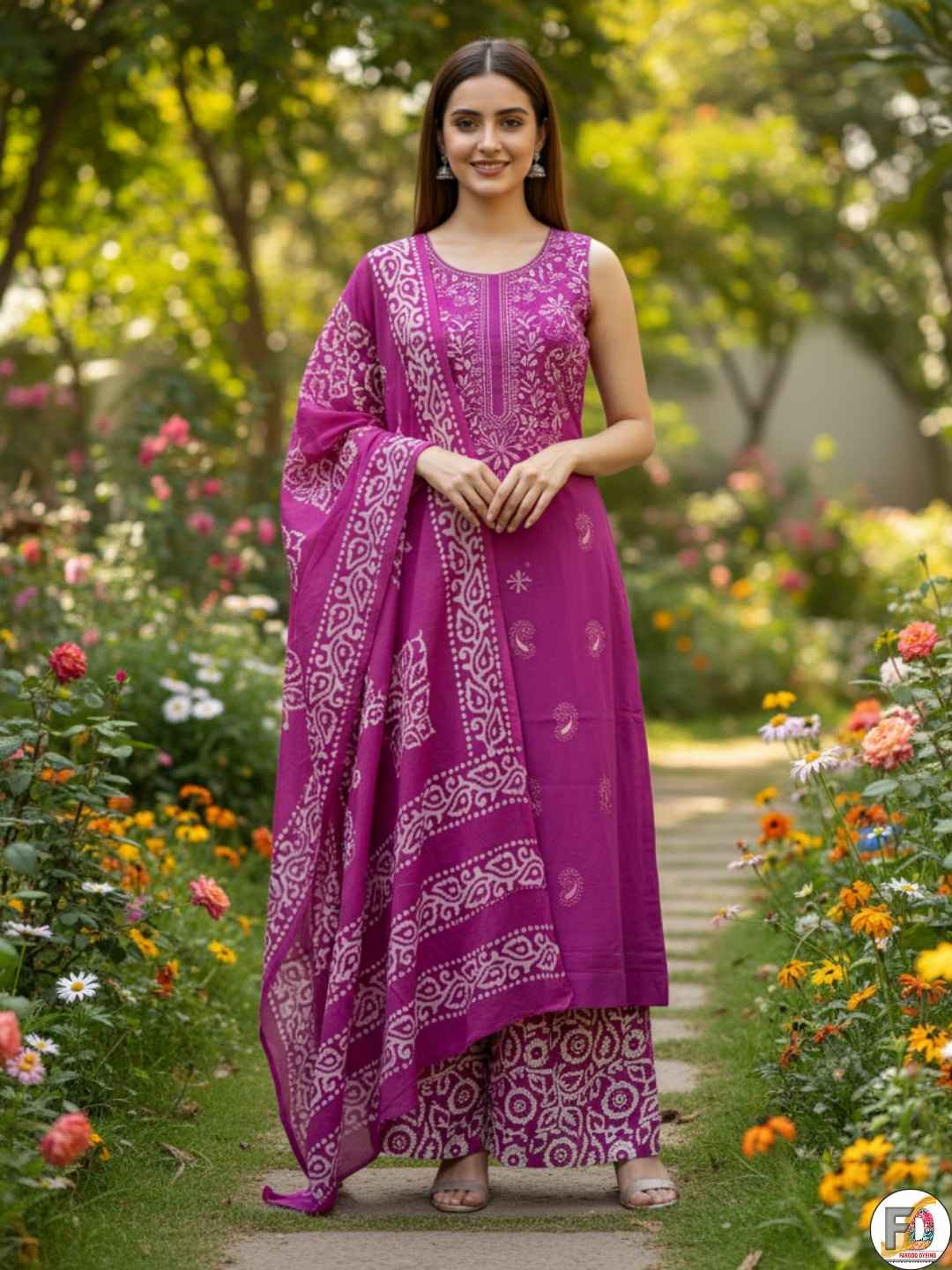 Bombay Batik Pure Cotton Lucknowi Dress Material Batik Handwork – Magenta White  Colour (FD-DM-LK-MGWHT-LTPTI)