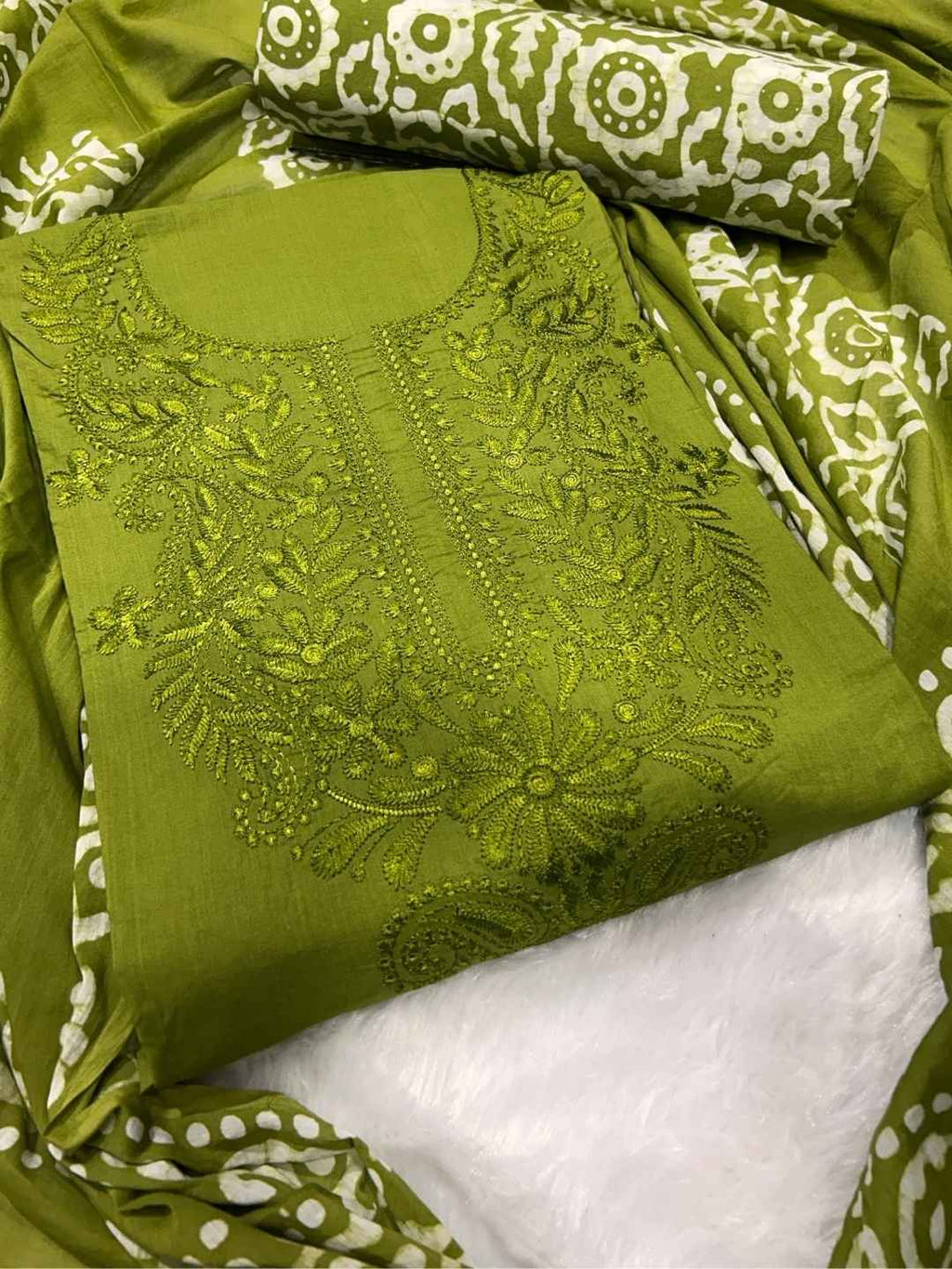 Bombay Batik Pure Cotton Dress Material Batik Textile Art with Lucknowi Motifs – Mehndi Batik