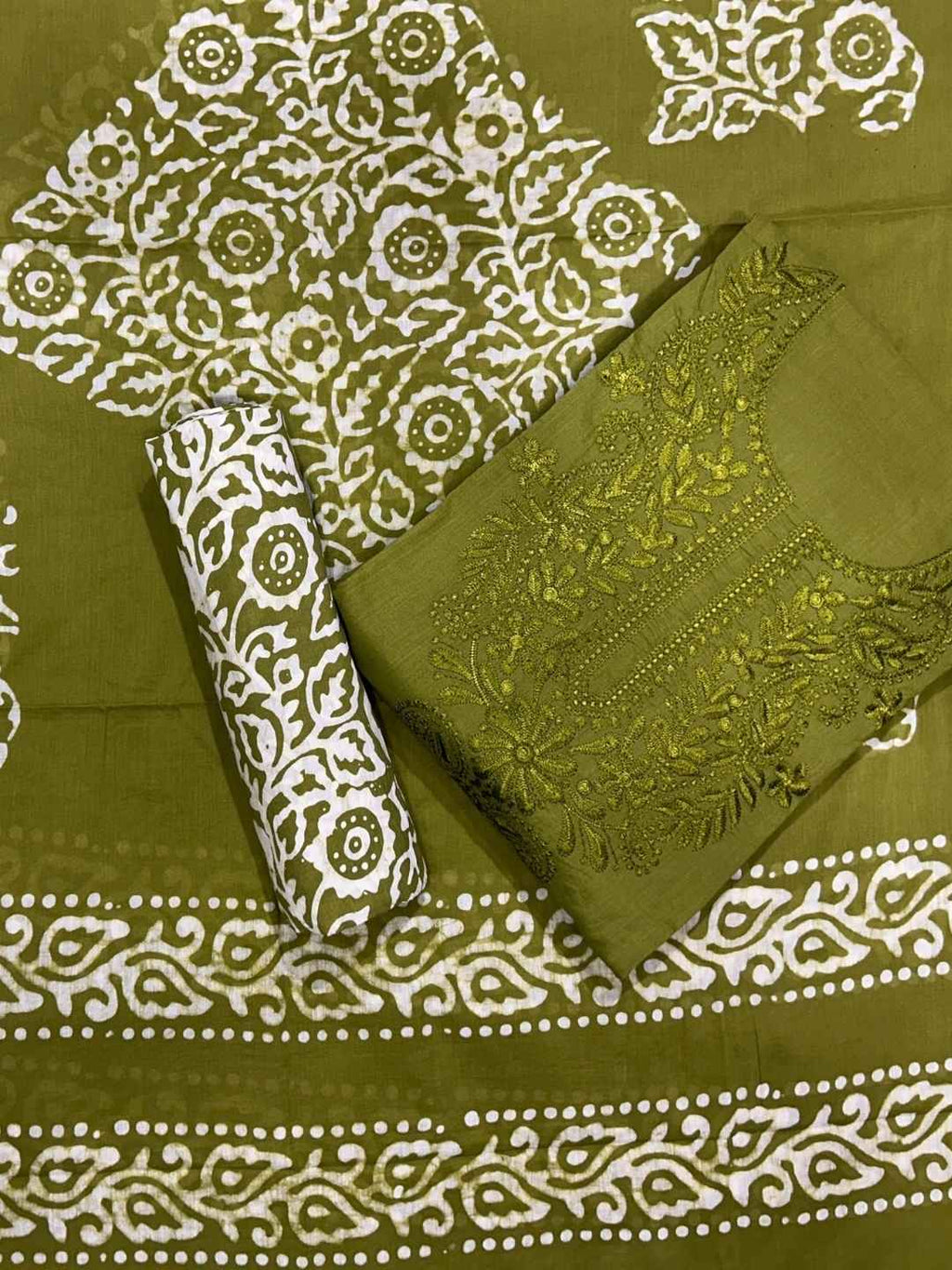 Bombay Batik Pure Cotton Dress Material Batik Textile Art with Lucknowi Motifs – Mehndi Batik