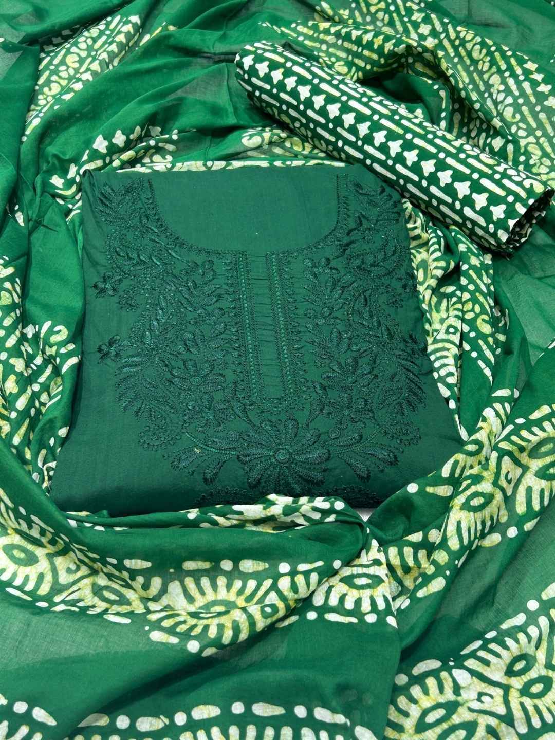 Bombay Batik Pure Cotton Lucknowi Dress Material Batik Handwork – Green Colour