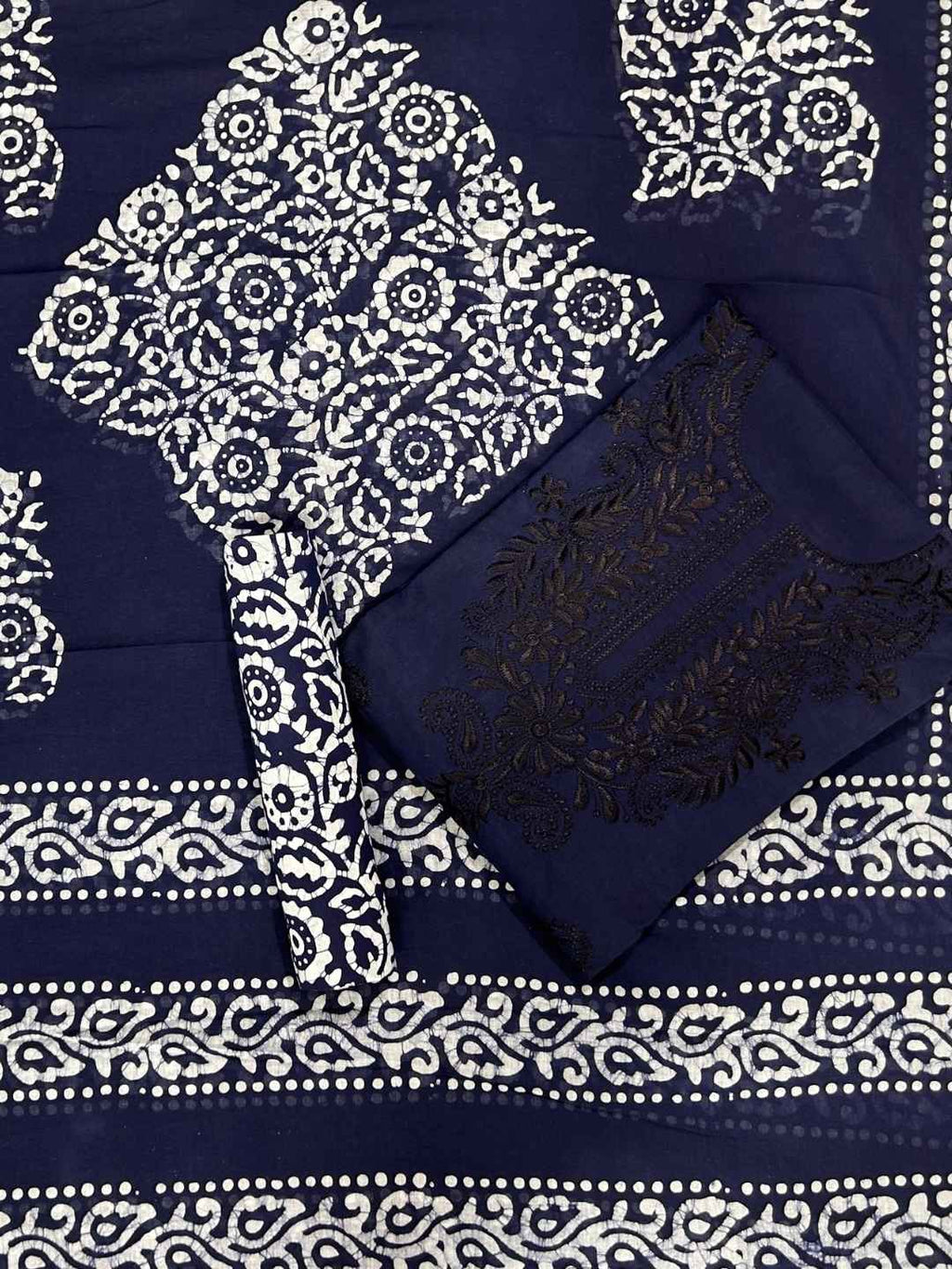 Bombay Batik Pure Cotton Dress Material Fusion Handblock Batik & Chikankari-Inspired Work – Navy Blue Batik