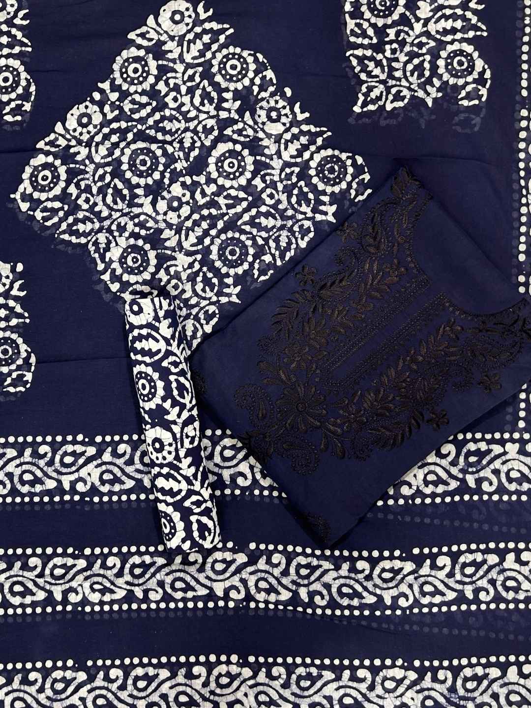 Bombay Batik Pure Cotton Dress Material Fusion Handblock Batik & Chikankari-Inspired Work – Navy Blue Batik