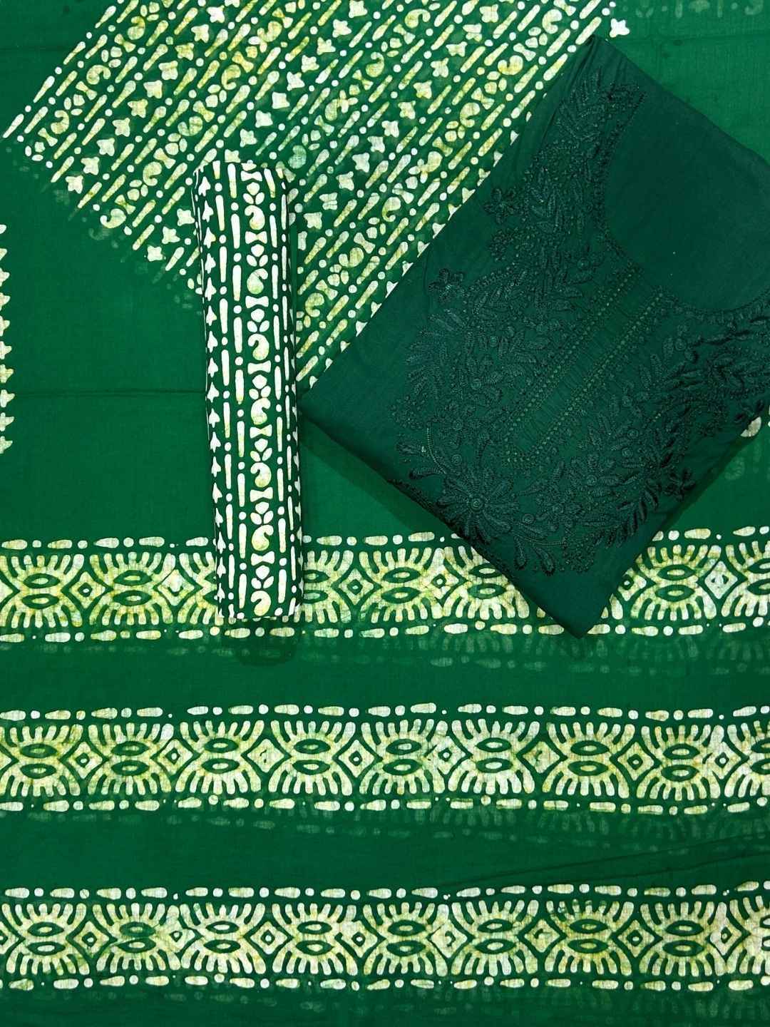 Bombay Batik Pure Cotton Lucknowi Dress Material Batik Handwork – Green Colour