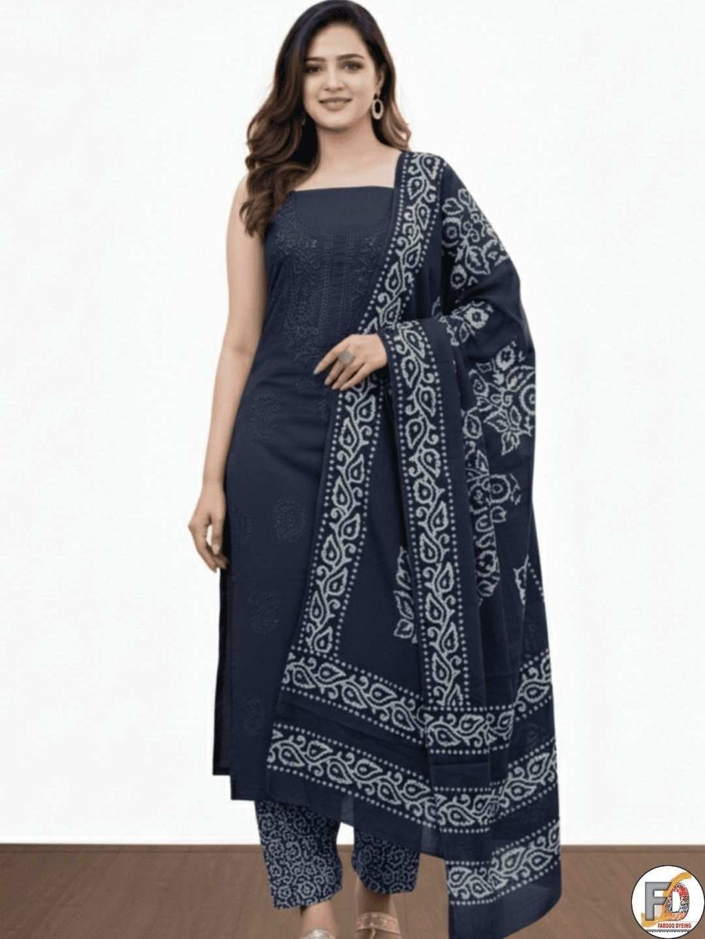 Bombay Batik Pure Cotton Dress Material Fusion Handblock Batik & Chikankari-Inspired Work – Navy Blue Batik