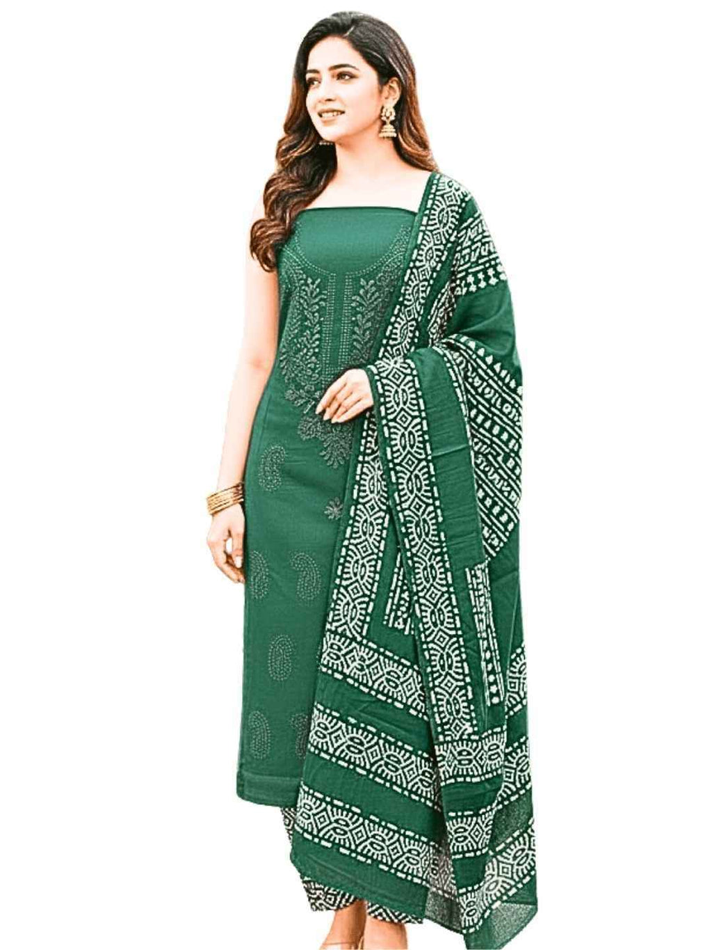 Bombay Batik Pure Cotton Lucknowi Dress Material Batik Handwork – Green Colour