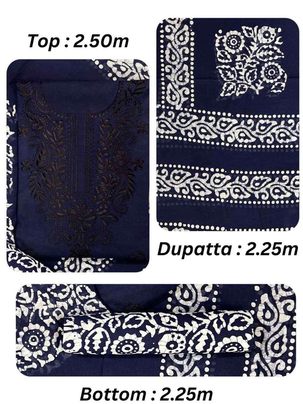 Bombay Batik Pure Cotton Dress Material Fusion Handblock Batik & Chikankari-Inspired Work – Navy Blue Batik