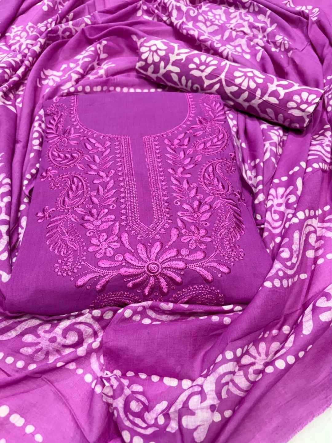 Bombay Batik Women's Pure Cotton Hand Dyed Lucknowi Batik Dress Material with Cotton Dupatta (Magenta) | Dress Material for Women
