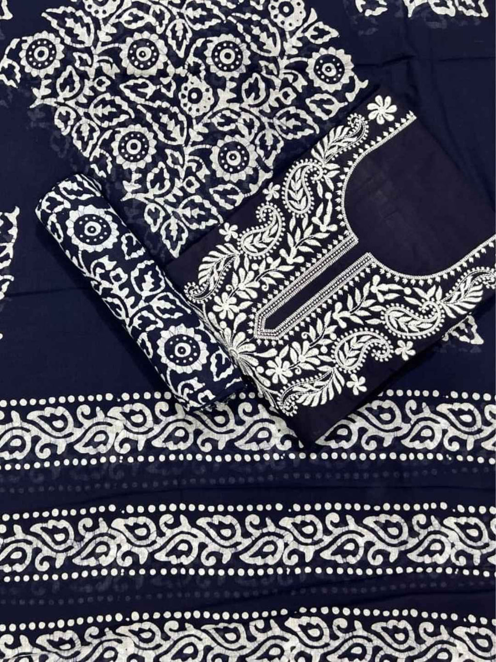 Bombay Batik Pure Cotton Lucknowi Dress Material Batik Handwork – Navy Blue White Colour (FD-DM-LK-NYBLWH-PHLPTI)